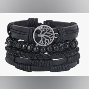Men's leather bracelets set 4pc stacked layered beaded braided black new e29